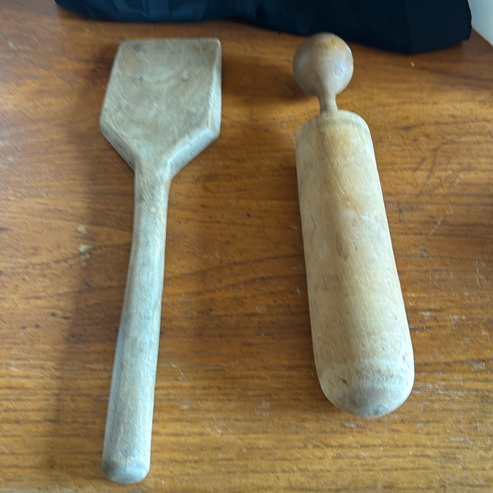 Vintage primitive rustic handcrafted wooden maple/oak(?)Pair of kitchen tools